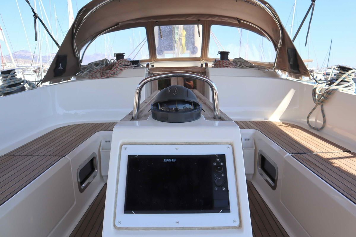 Cockpit of Stavento, a Bavaria Cruiser 46 sailboat at Kontokali, Greece