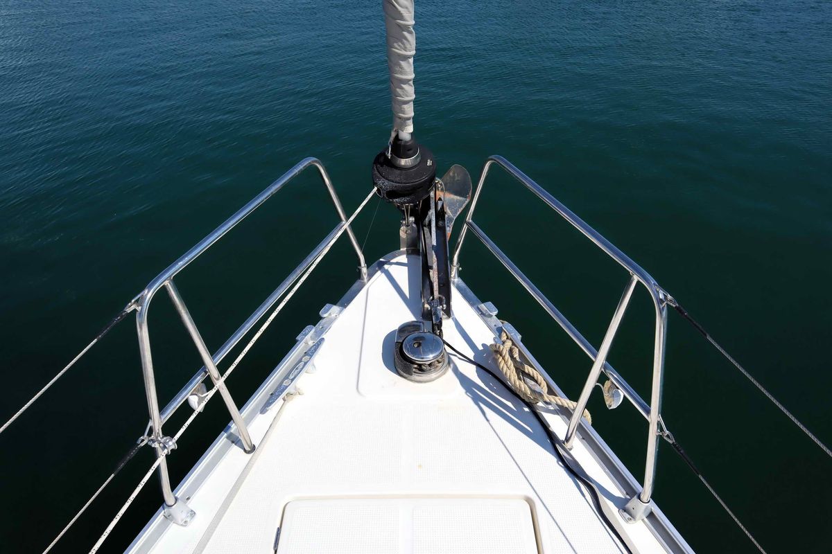 Exterior view of Stavento, a Bavaria Cruiser 46 sailboat at Kontokali, Greece