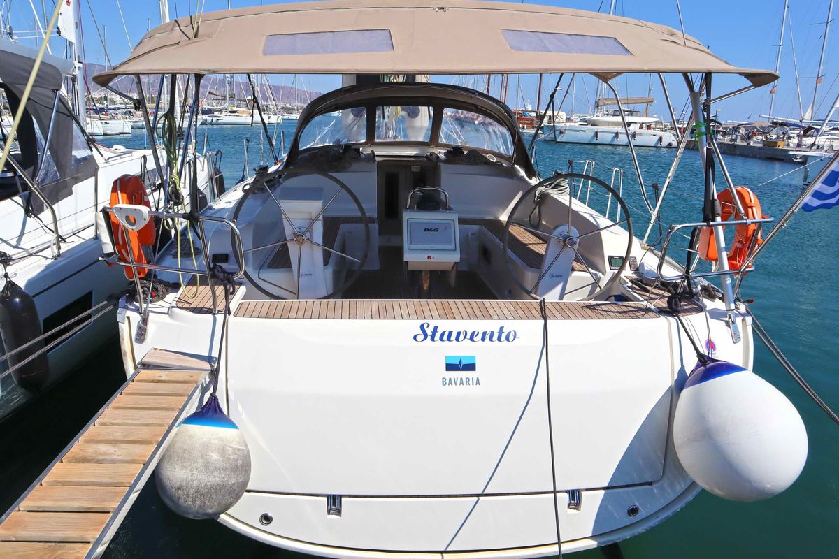 Exterior view of Stavento, a Bavaria Cruiser 46 sailboat at Kontokali, Greece