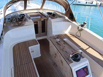 Deck of Stavento, a Bavaria Cruiser 46 sailboat at Kontokali, Greece