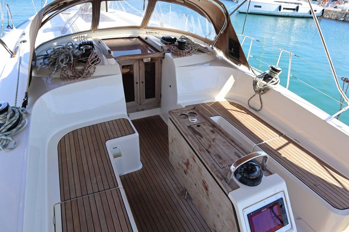 Deck of Stavento, a Bavaria Cruiser 46 sailboat at Kontokali, Greece