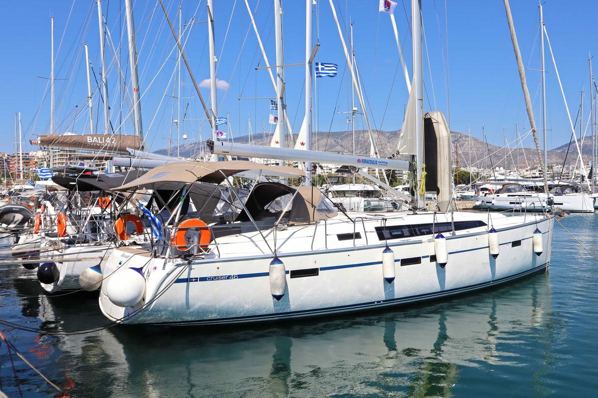 Exterior view of Stavento, a Bavaria Cruiser 46 sailboat at Kontokali, Greece