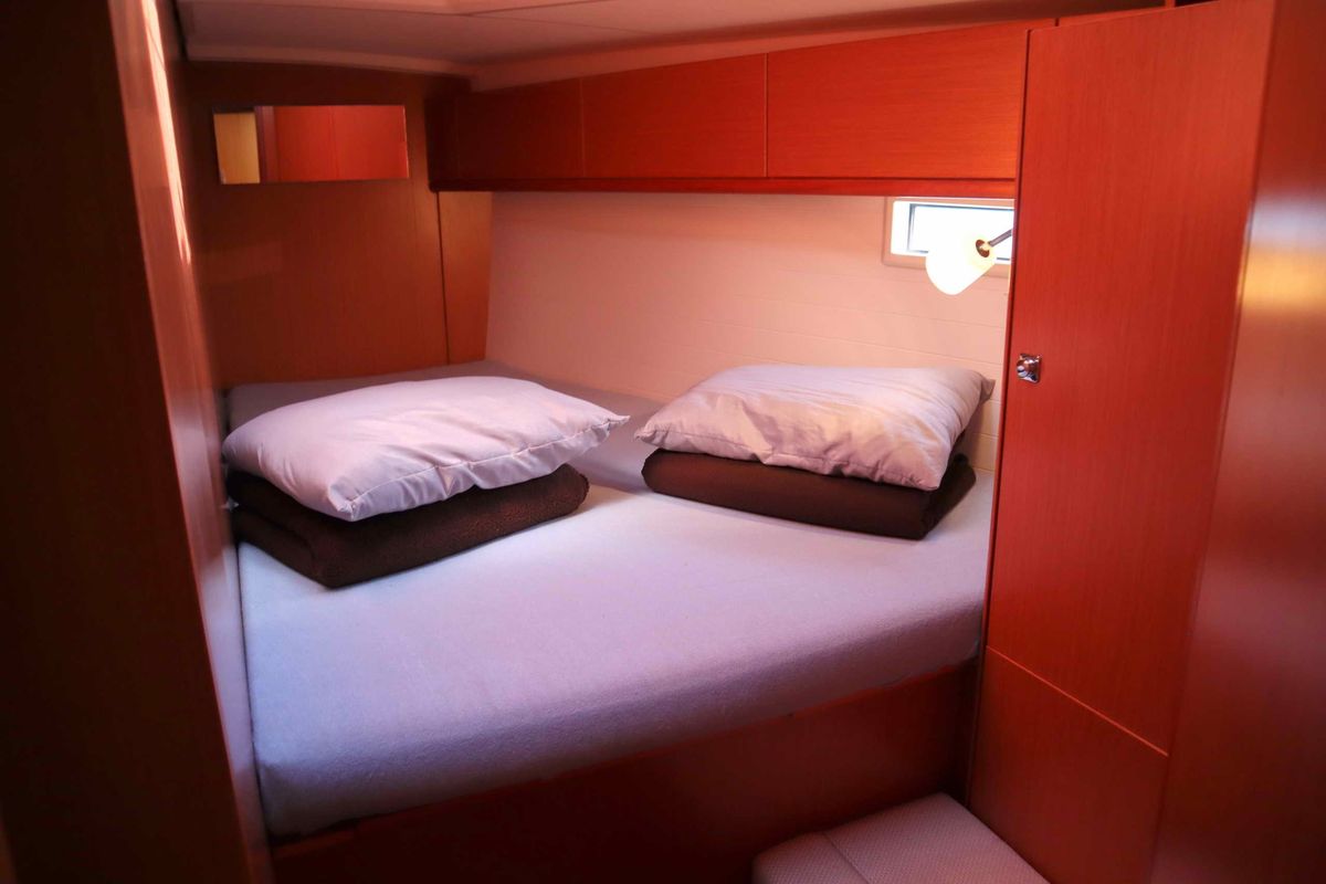 Cabin on Stavento, a Bavaria Cruiser 46 sailboat at Kontokali, Greece