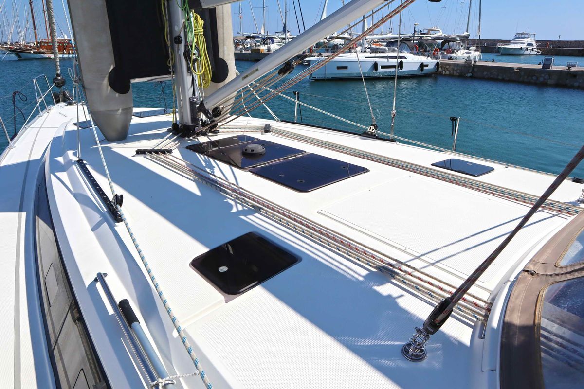 Deck of Stavento, a Bavaria Cruiser 46 sailboat at Kontokali, Greece