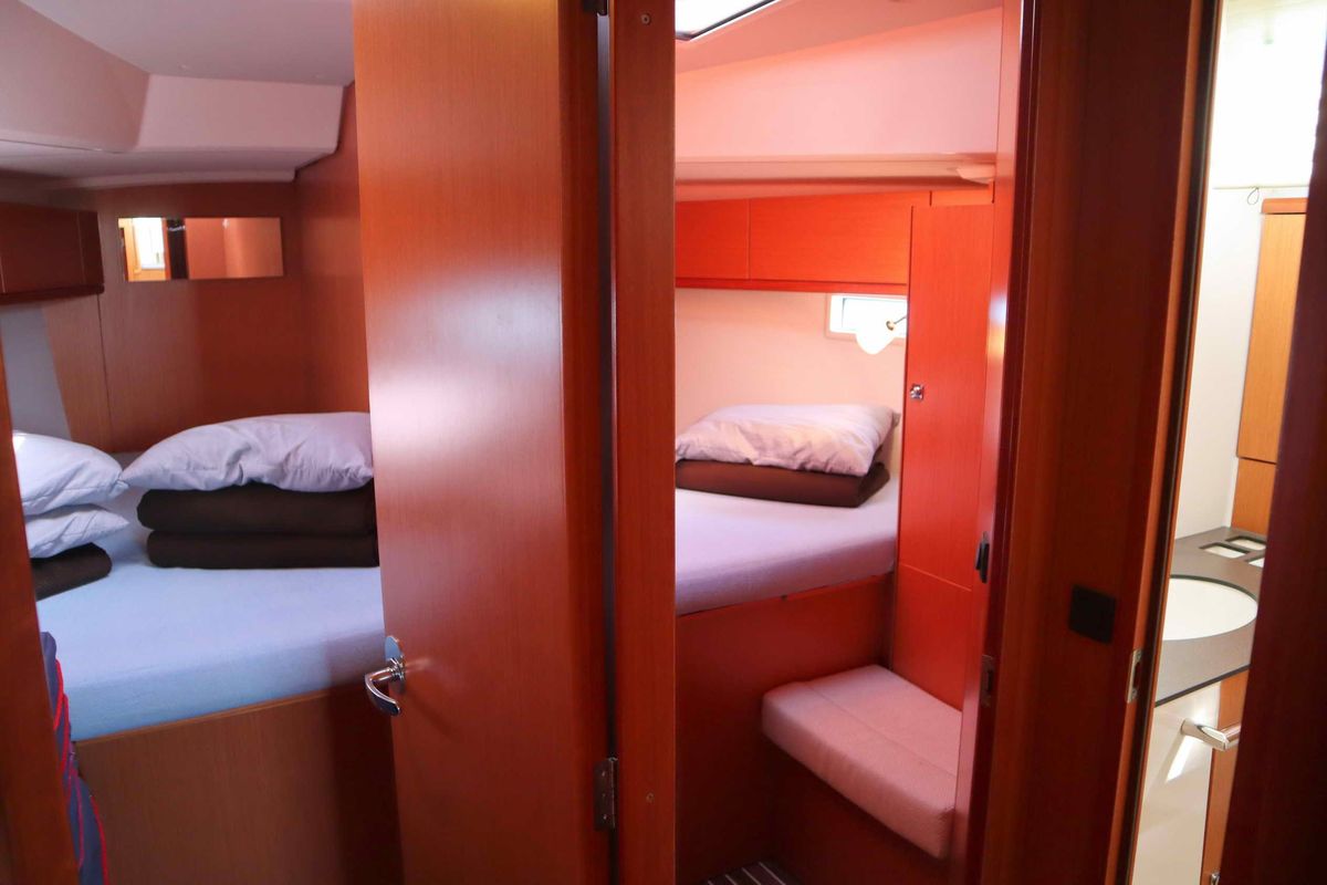 Cabin on Stavento, a Bavaria Cruiser 46 sailboat at Kontokali, Greece