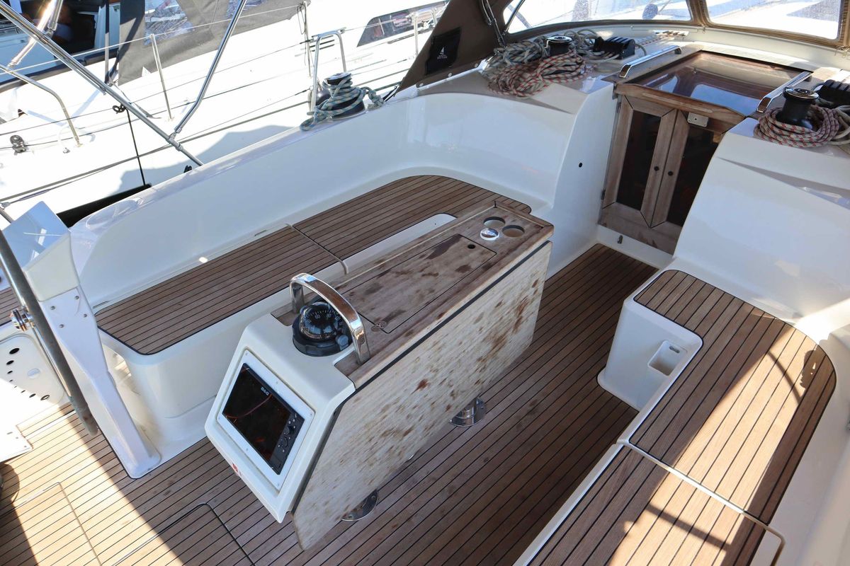 Deck of Stavento, a Bavaria Cruiser 46 sailboat at Kontokali, Greece