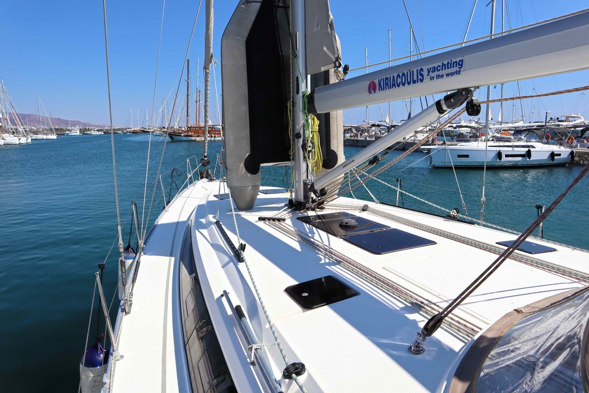 Deck of Stavento, a Bavaria Cruiser 46 sailboat at Kontokali, Greece