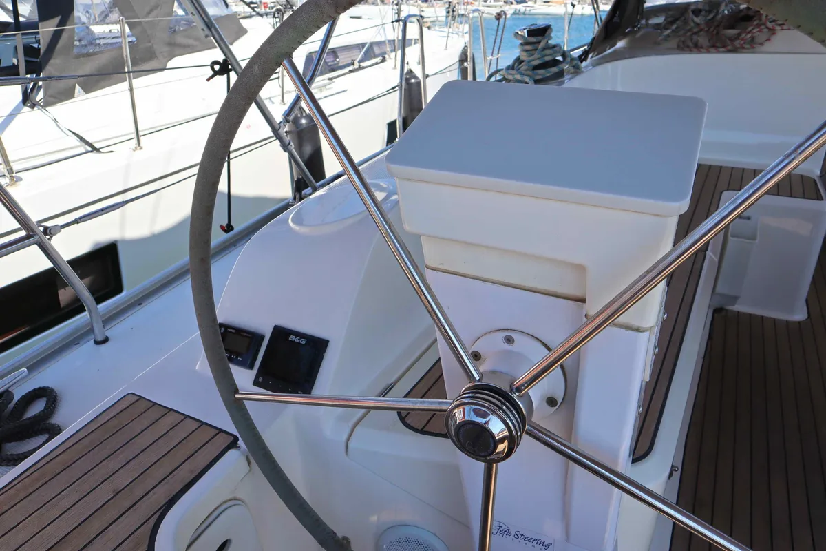 Cockpit of Stavento, a Bavaria Cruiser 46 sailboat at Kontokali, Greece