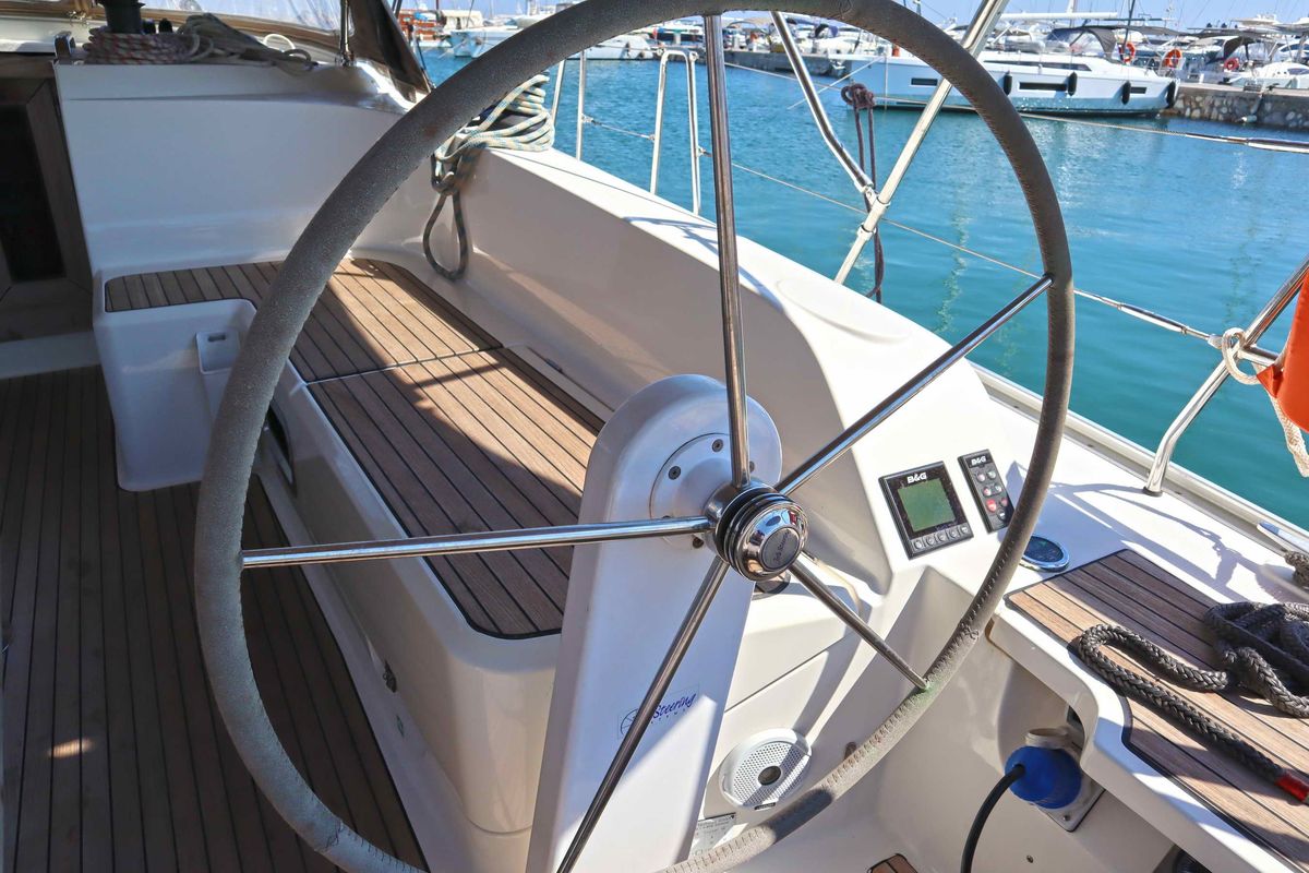 Cockpit of Stavento, a Bavaria Cruiser 46 sailboat at Kontokali, Greece