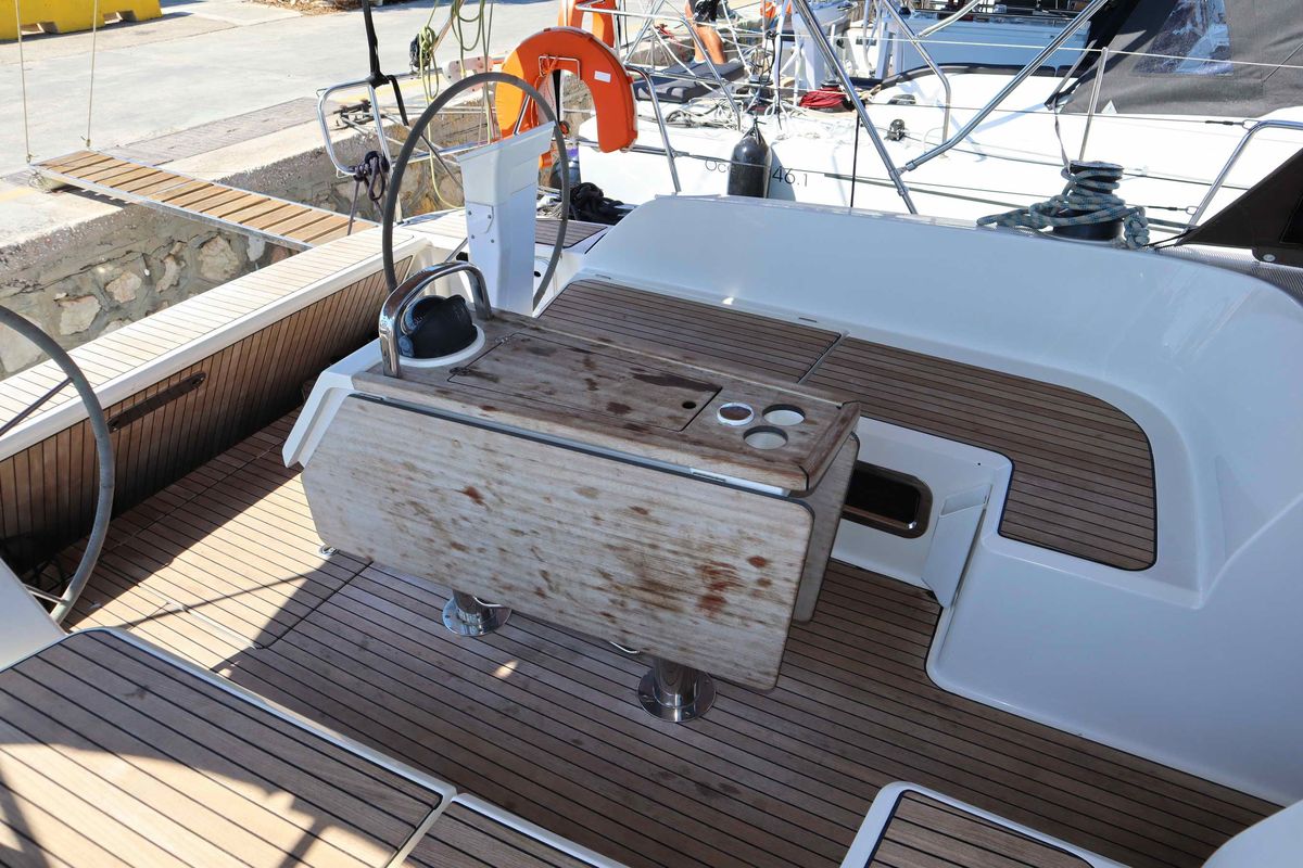 Deck of Stavento, a Bavaria Cruiser 46 sailboat at Kontokali, Greece