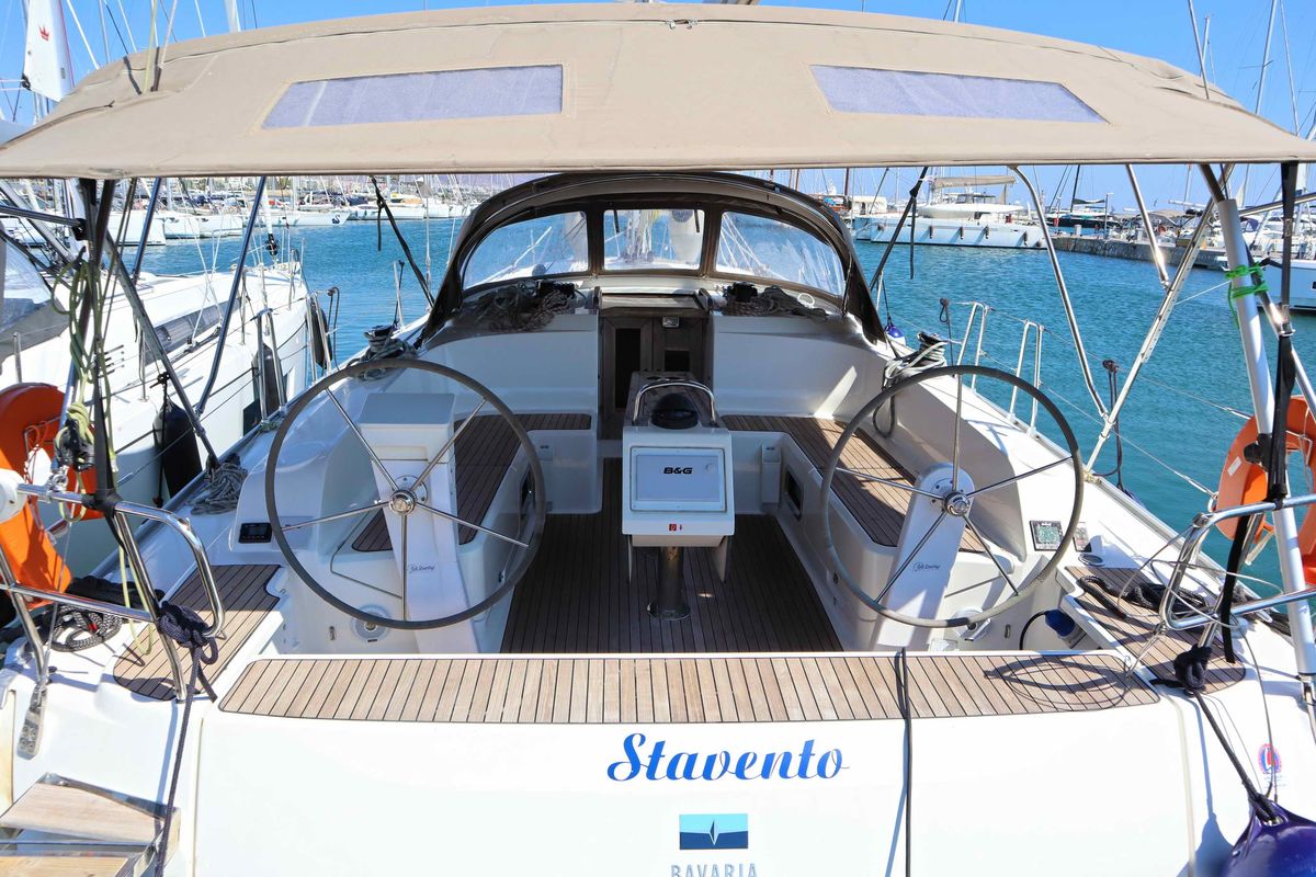 Exterior view of Stavento, a Bavaria Cruiser 46 sailboat at Kontokali, Greece