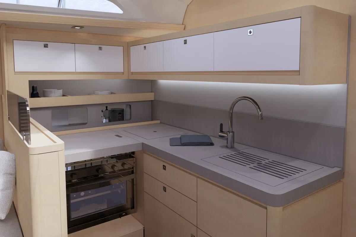 Galley of Blue Mermaid, a Dufour 470 sailboat at Lavreotiki Municipal Unit, Greece