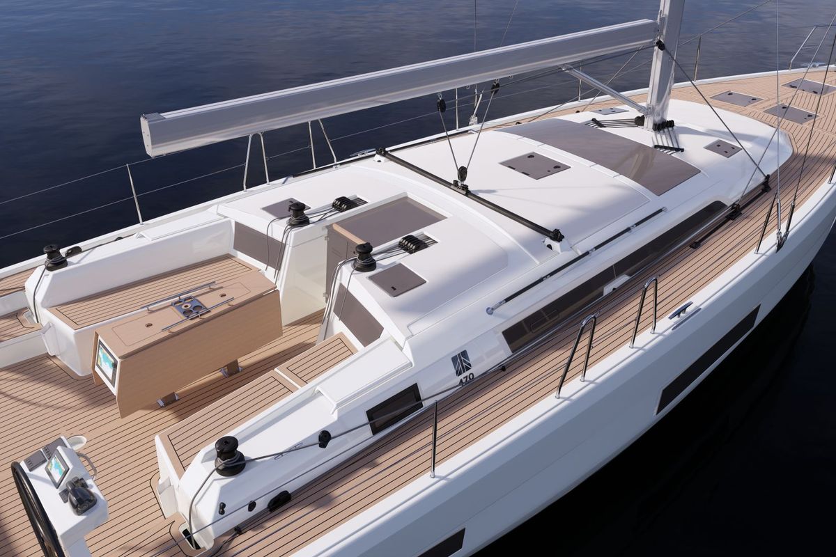 Deck of Blue Mermaid, a Dufour 470 sailboat at Lavreotiki Municipal Unit, Greece