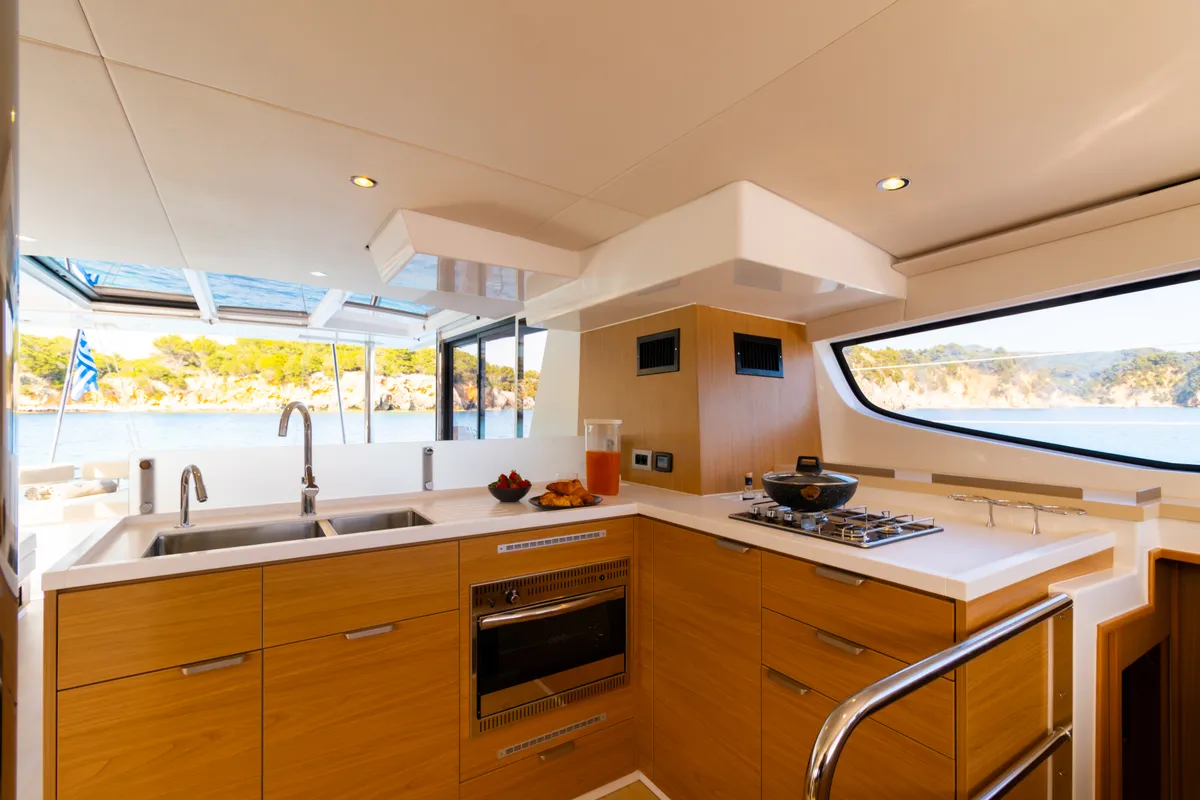 Galley of Zizi II, a Bali 4.6 catamaran at Preveza, Greece