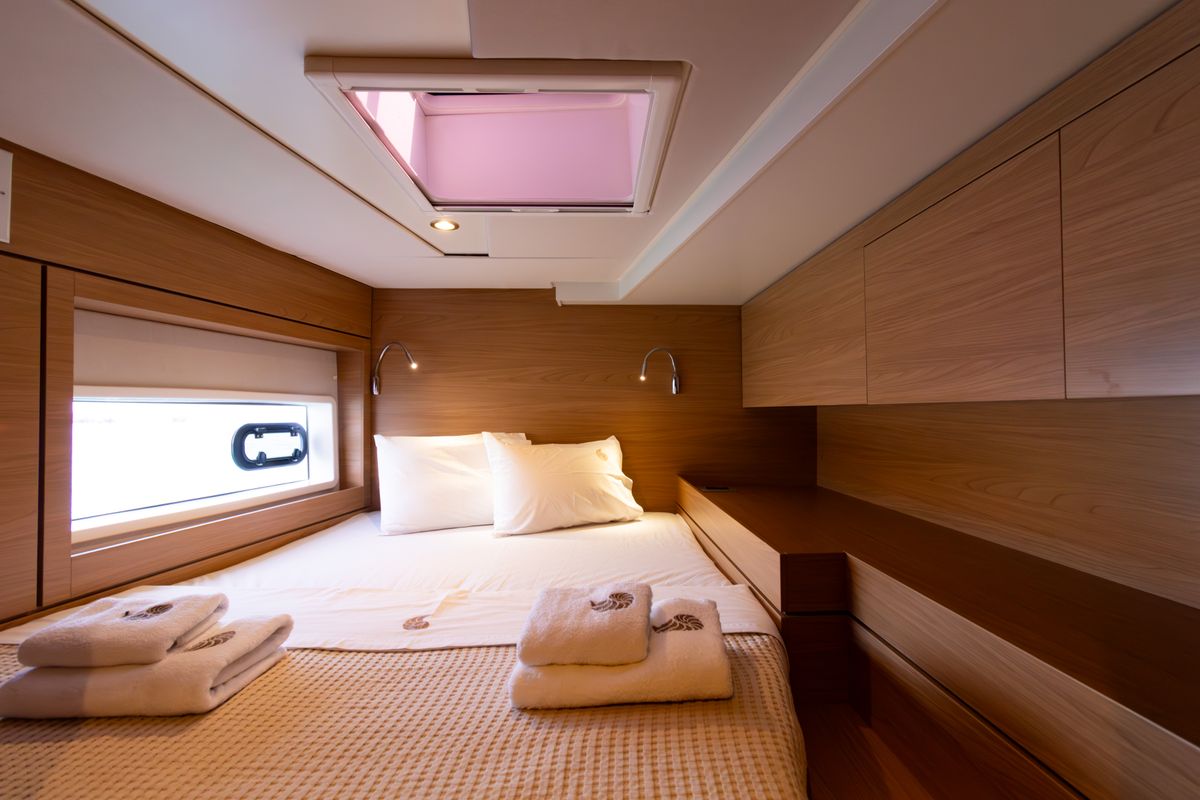 Cabin on Zizi II, a Bali 4.6 catamaran at Preveza, Greece