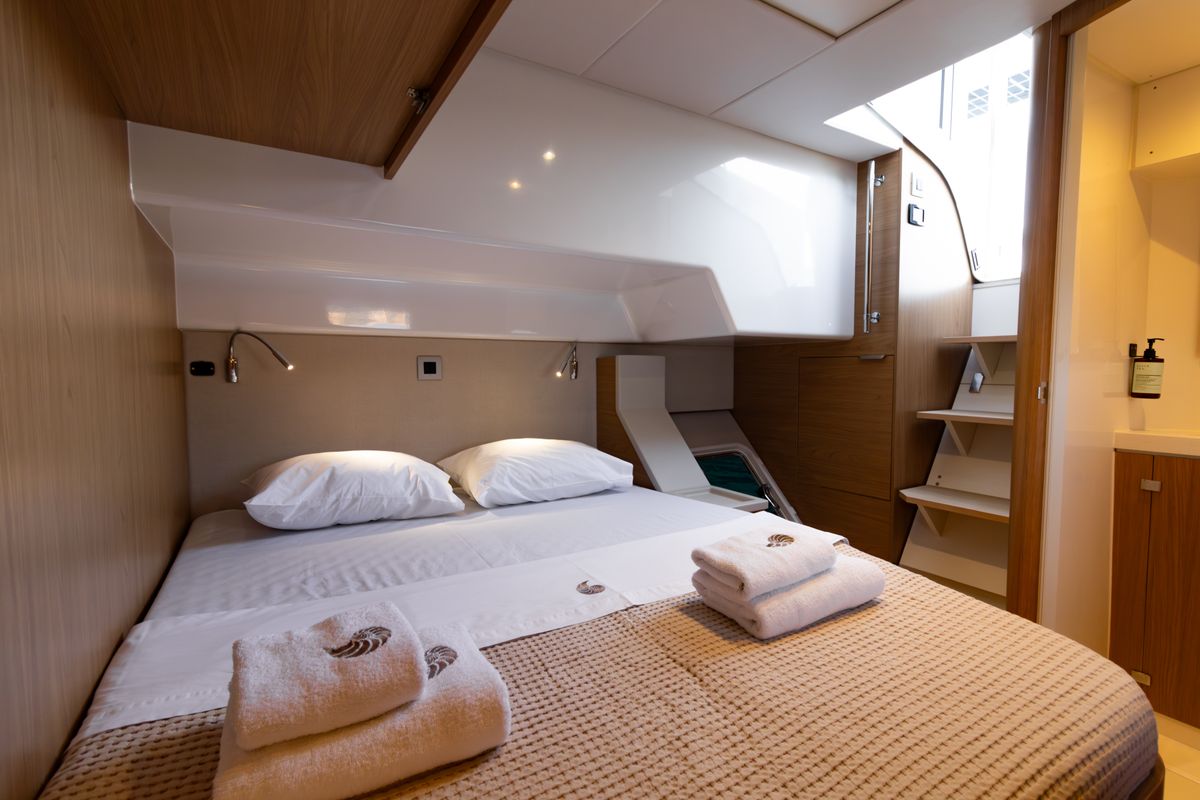 Cabin on Zizi II, a Bali 4.6 catamaran at Preveza, Greece