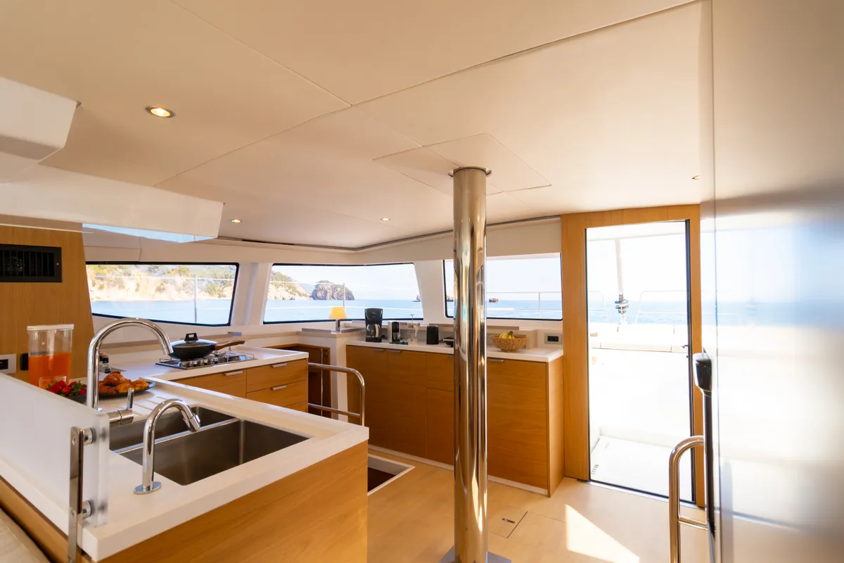 Salon of Zizi II, a Bali 4.6 catamaran at Preveza, Greece