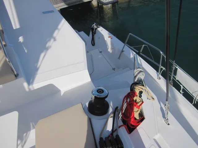 Deck of Patrizia, a Bali 4.3 catamaran at Capo d'Orlando, Italy