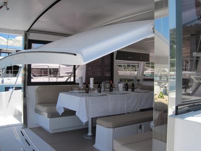 Salon of Patrizia, a Bali 4.3 catamaran at Capo d'Orlando, Italy