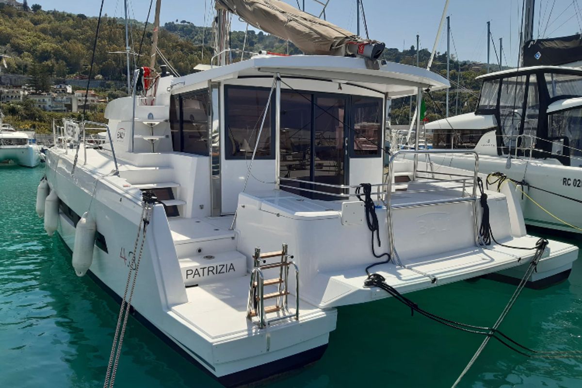 Exterior view of Patrizia, a Bali 4.3 catamaran at Capo d'Orlando, Italy