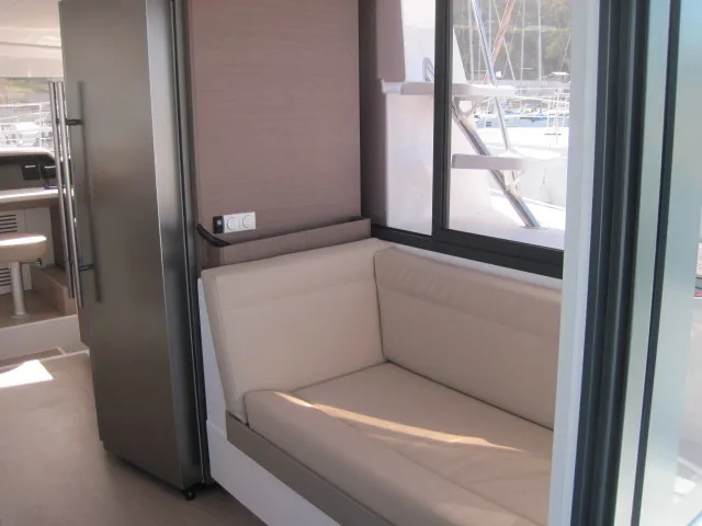 Salon of Patrizia, a Bali 4.3 catamaran at Capo d'Orlando, Italy