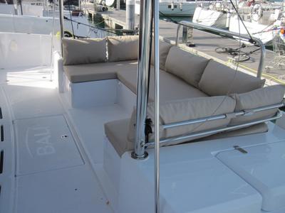 Deck of Patrizia, a Bali 4.3 catamaran at Capo d'Orlando, Italy