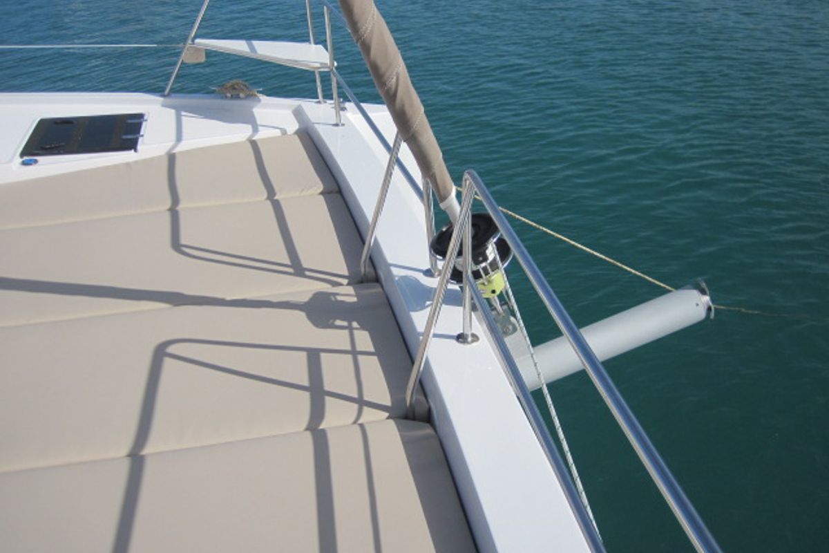 Deck of Patrizia, a Bali 4.3 catamaran at Capo d'Orlando, Italy