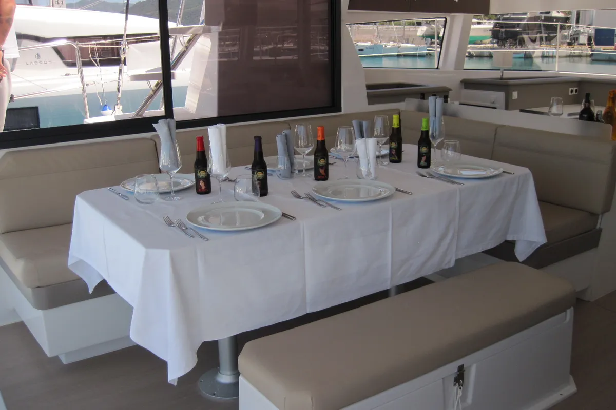 Salon of Patrizia, a Bali 4.3 catamaran at Capo d'Orlando, Italy