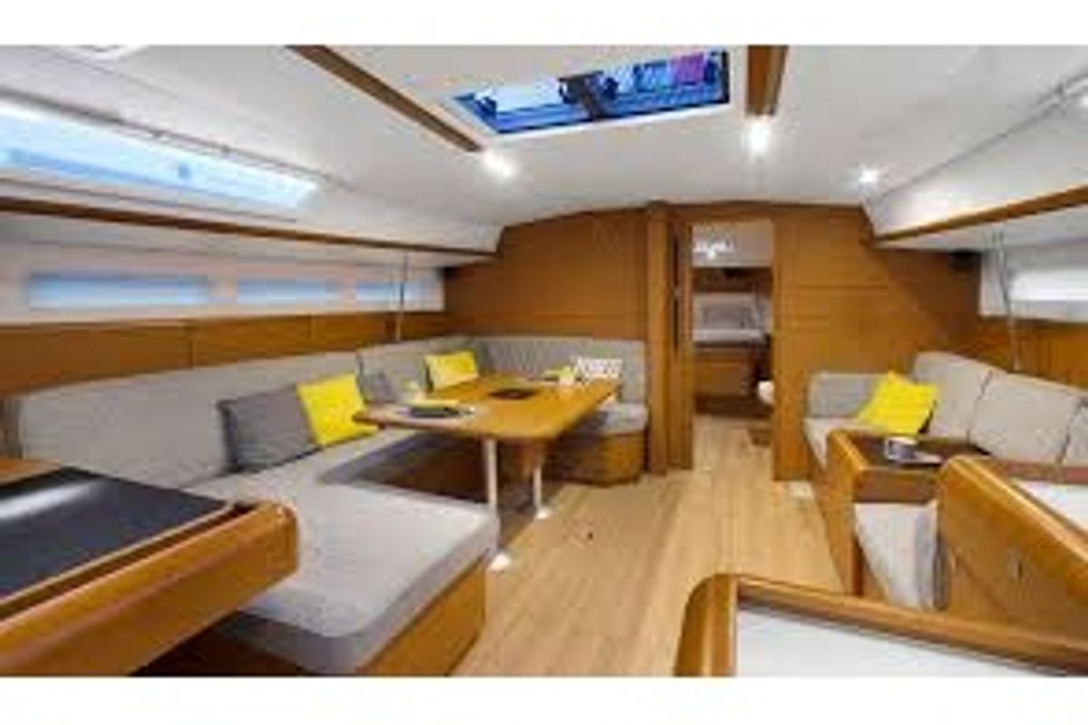 Salon of Pinta, a Jeanneau Sun Odyssey 519 sailboat at Parikia, Greece