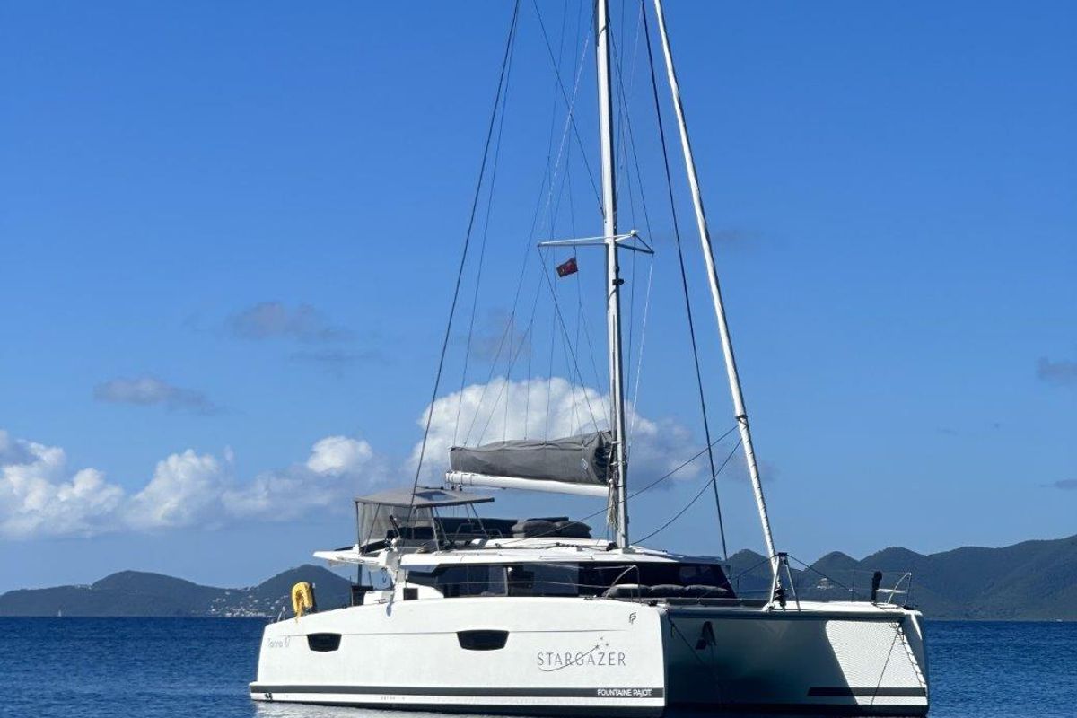 Exterior view of Stargazer, a Fountaine Pajot Tanna 47 catamaran at Road Town, British Virgin Islands
