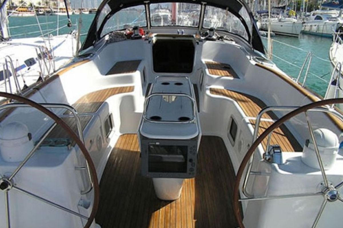 Cockpit of Mata, a Jeanneau Sun Odyssey 54DS sailboat at Pisticci, Italy