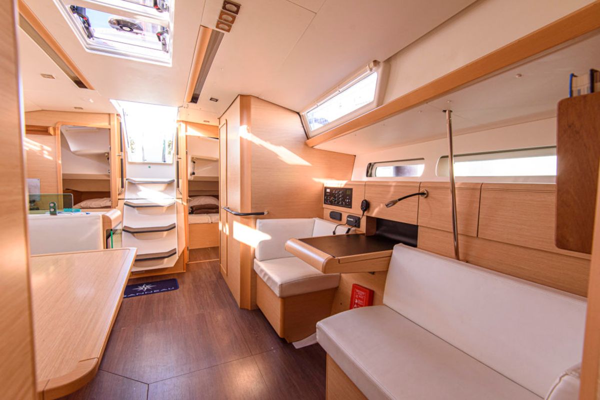 Salon of Birbona, a Jeanneau Sun Odyssey 449 sailboat at San Vincenzo, Italy