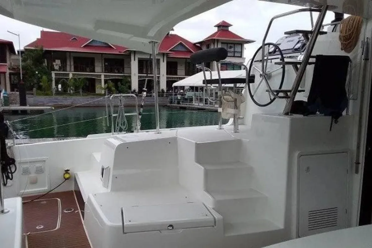 Cockpit of Bingo, a Lagoon 42 catamaran at Seychelles, Mahe, Seychelles