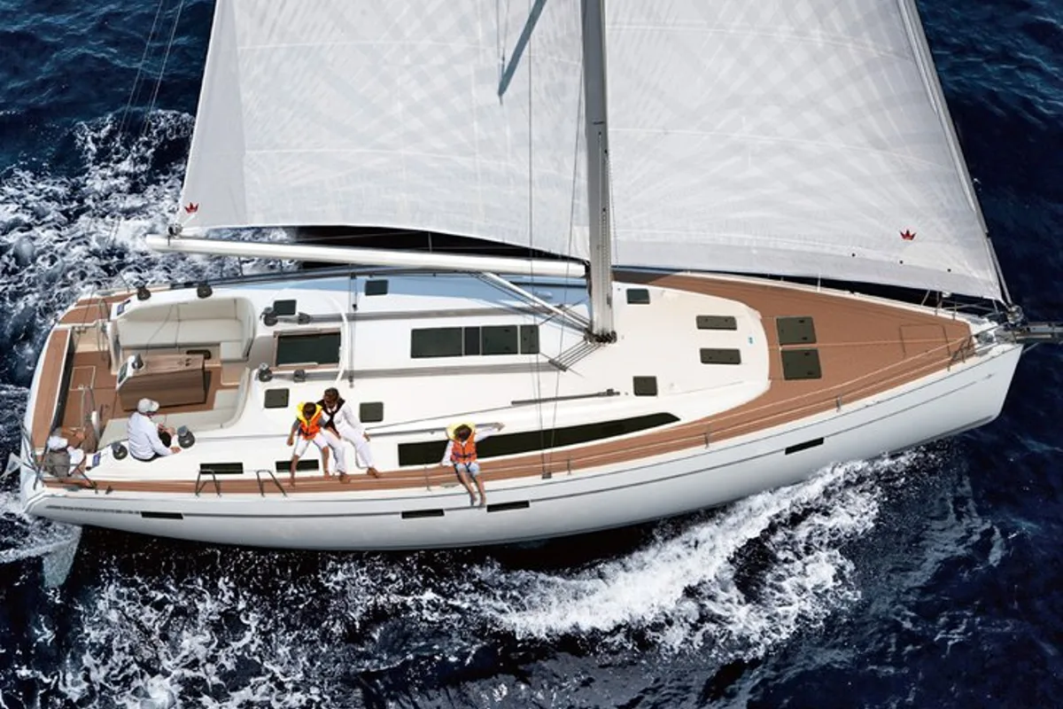 Exterior view of Papaya, a Bavaria Cruiser 51 sailboat at Port de Pollença, Spain