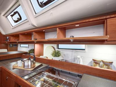 Galley of Papaya, a Bavaria Cruiser 51 sailboat at Port de Pollença, Spain