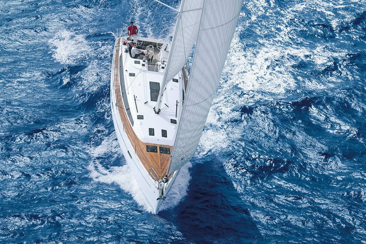 Exterior view of Papaya, a Bavaria Cruiser 51 sailboat at Port de Pollença, Spain