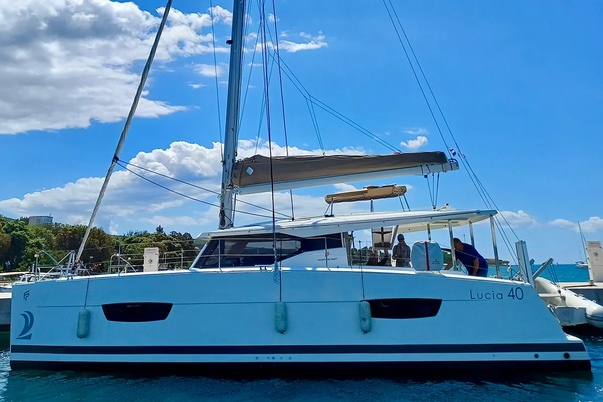 Exterior view of Luce, a Fountaine Pajot Lucia 40 catamaran at Punat, Croatia