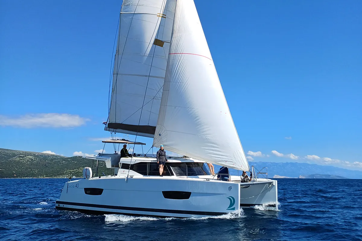 Exterior view of Luce, a Fountaine Pajot Lucia 40 catamaran at Punat, Croatia