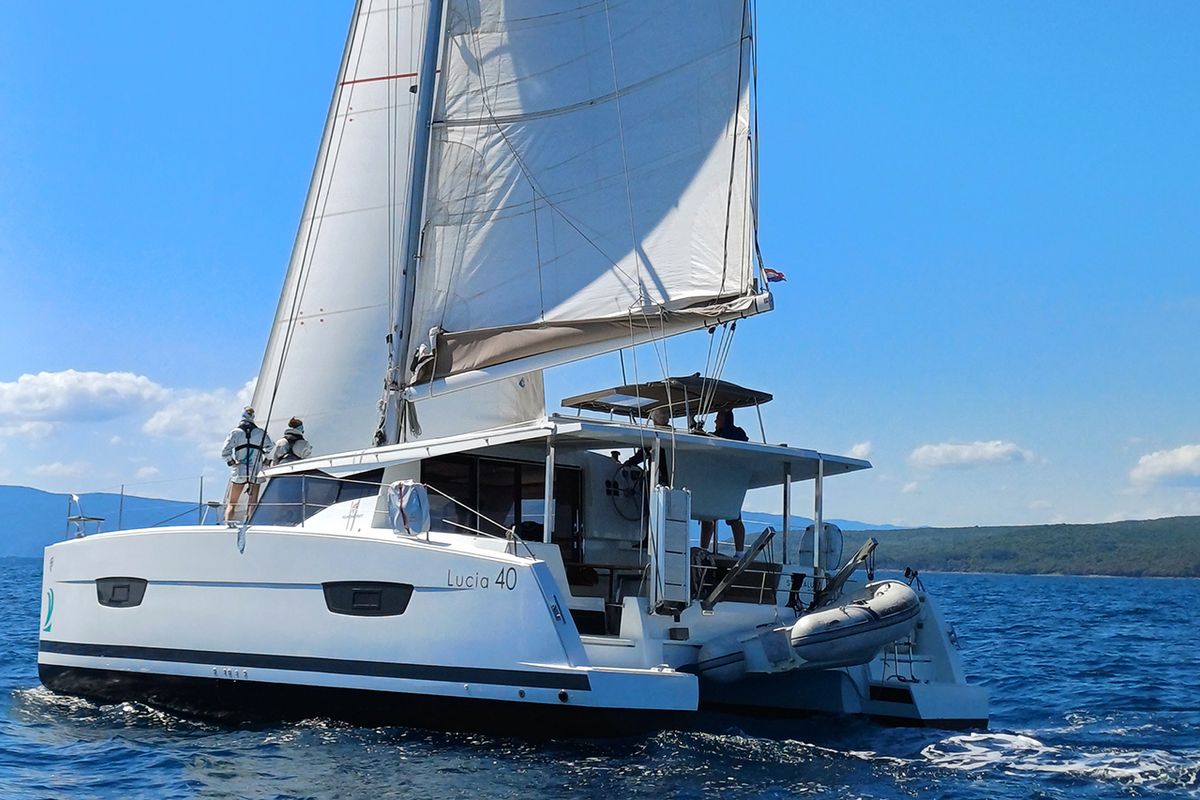 Exterior view of Luce, a Fountaine Pajot Lucia 40 catamaran at Punat, Croatia