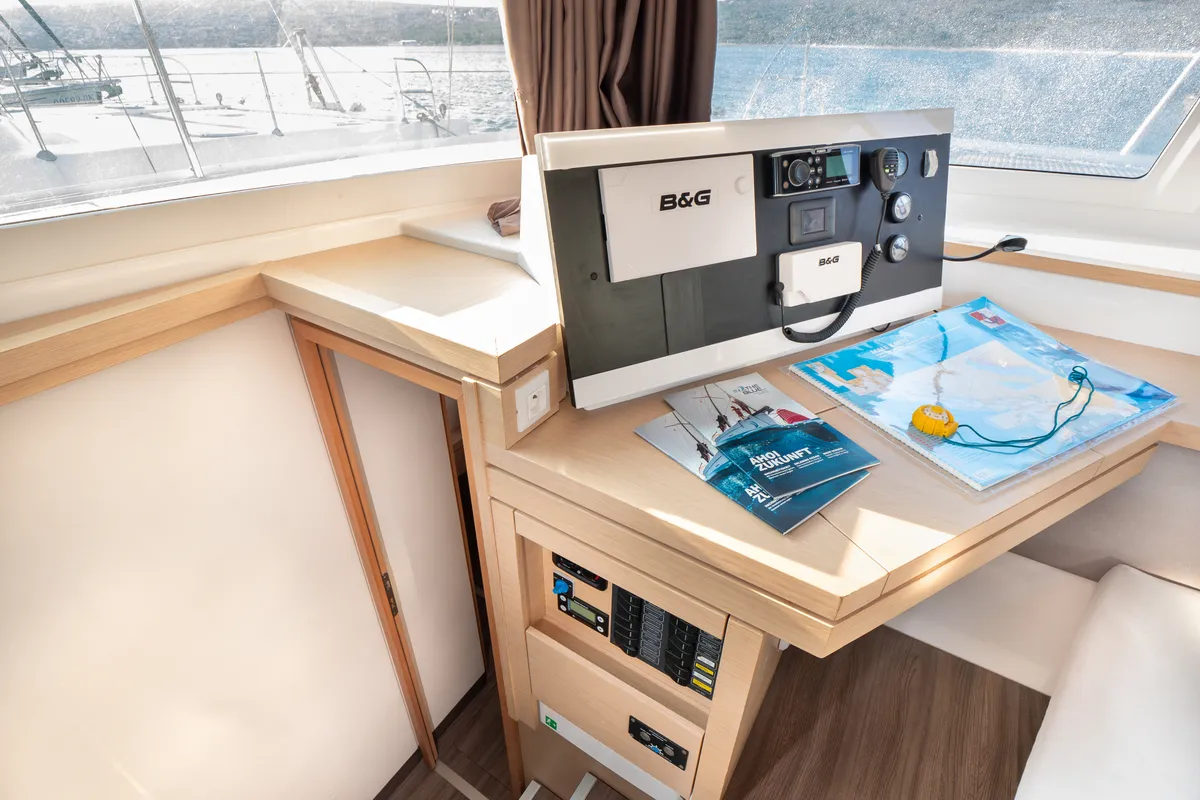 Cockpit of Luce, a Fountaine Pajot Lucia 40 catamaran at Punat, Croatia