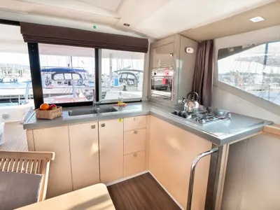 Galley of Luce, a Fountaine Pajot Lucia 40 catamaran at Punat, Croatia