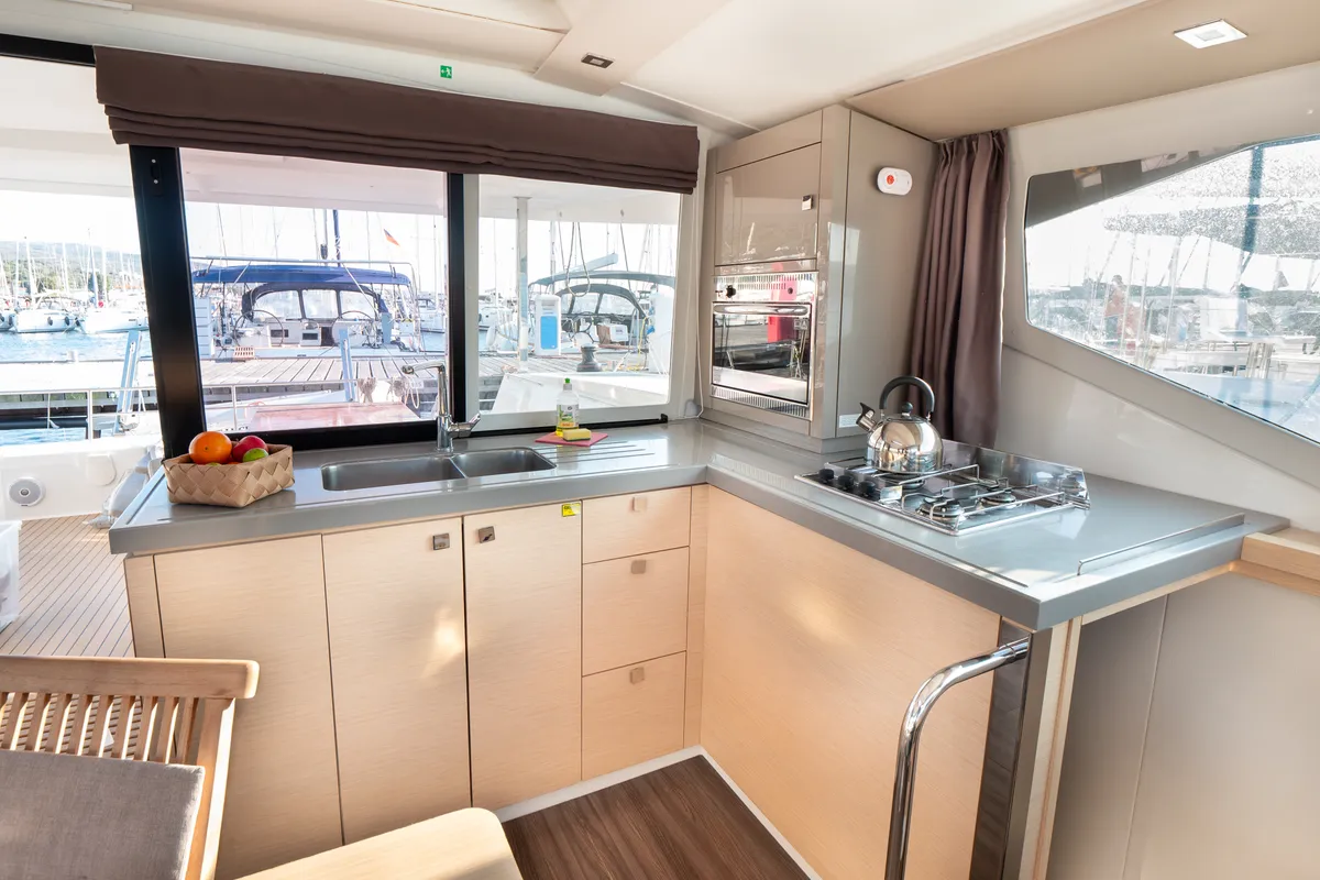 Galley of Luce, a Fountaine Pajot Lucia 40 catamaran at Punat, Croatia