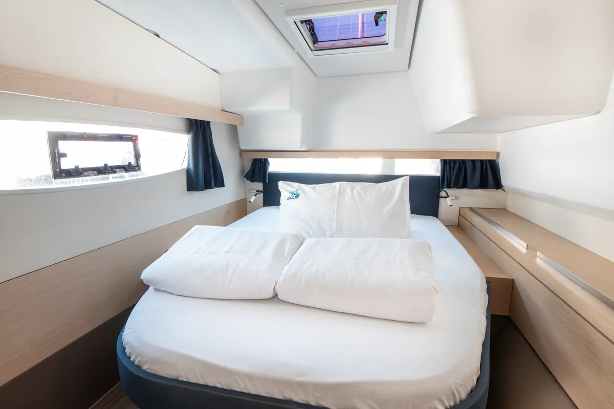 Cabin on Luce, a Fountaine Pajot Lucia 40 catamaran at Punat, Croatia