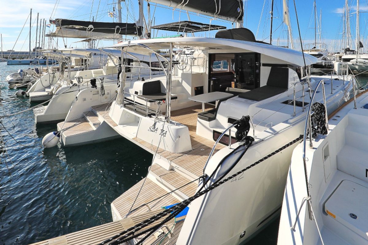 Exterior view of Sea Ya, a Lagoon 42 catamaran at Općina Sukošan, Croatia