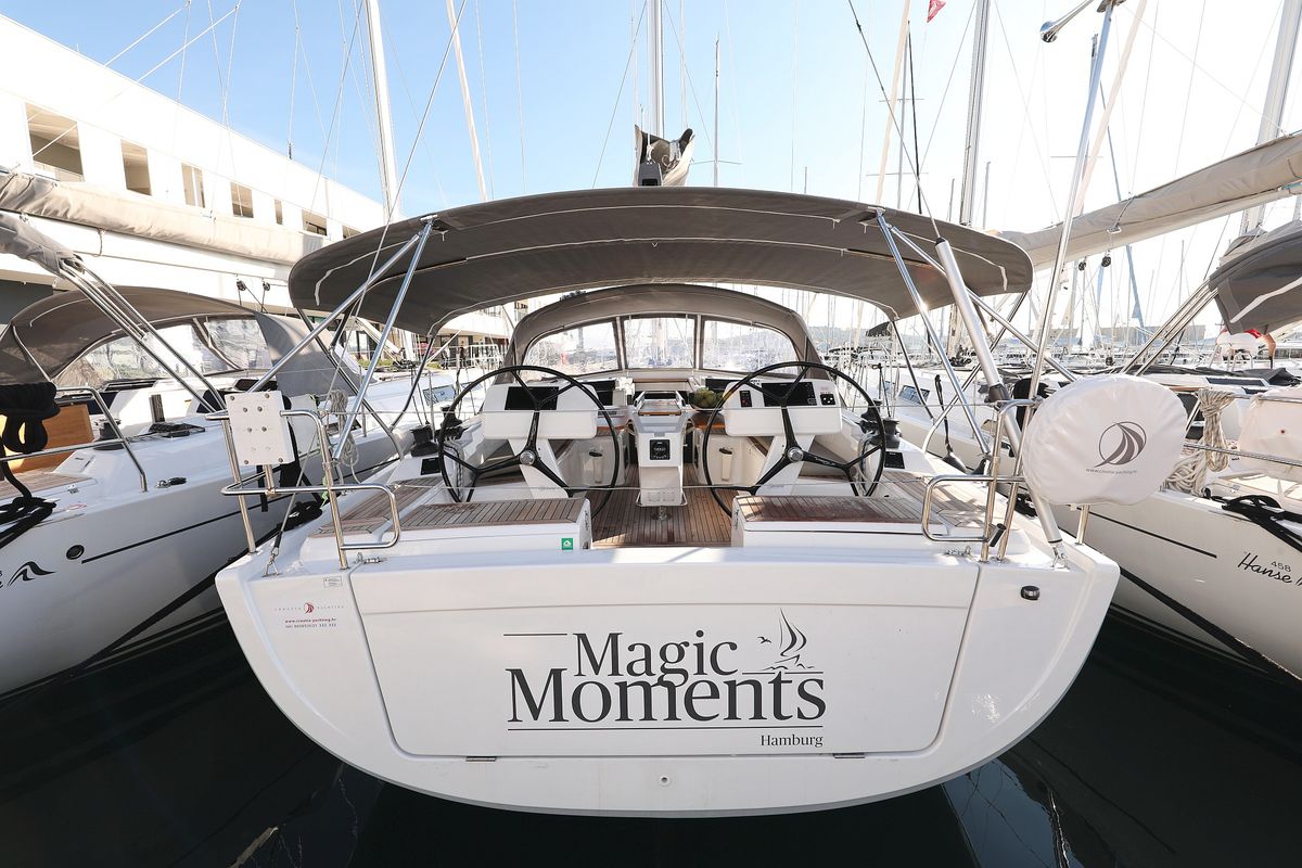Exterior view of Magic Moments, a Hanse Yachts Hanse 458 sailboat at Seget Donji, Croatia