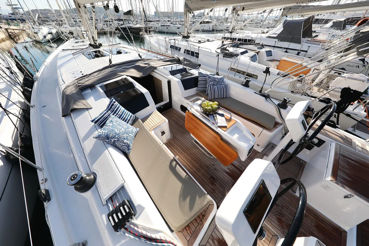 Cockpit of Magic Moments, a Hanse Yachts Hanse 458 sailboat at Seget Donji, Croatia