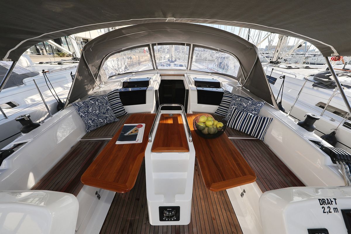Cockpit of Magic Moments, a Hanse Yachts Hanse 458 sailboat at Seget Donji, Croatia