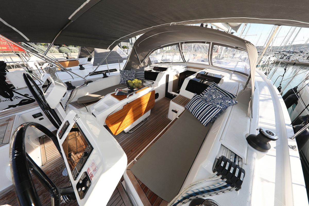 Cockpit of Magic Moments, a Hanse Yachts Hanse 458 sailboat at Seget Donji, Croatia
