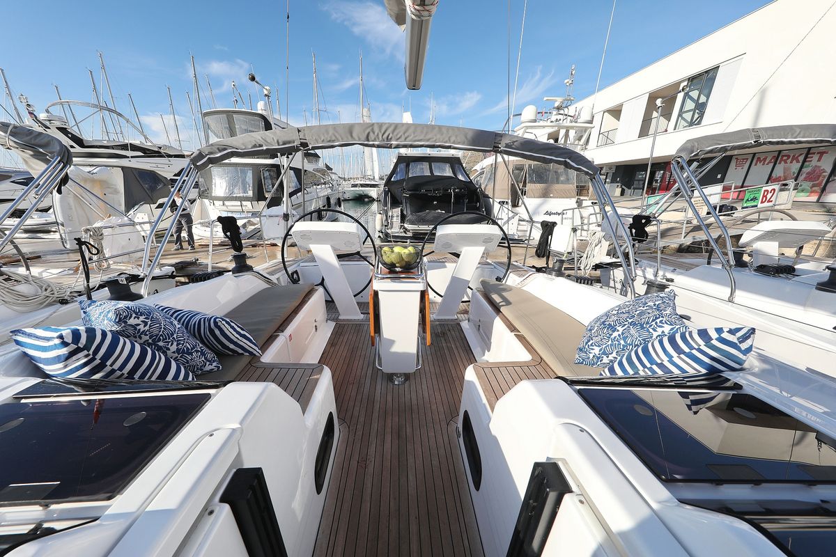 Cockpit of Magic Moments, a Hanse Yachts Hanse 458 sailboat at Seget Donji, Croatia