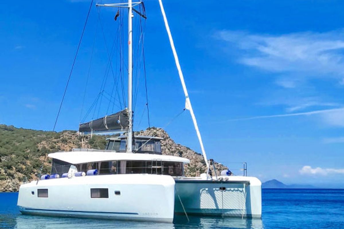 Exterior view of Blue Steel, a Lagoon 42 catamaran at Athens, Greece